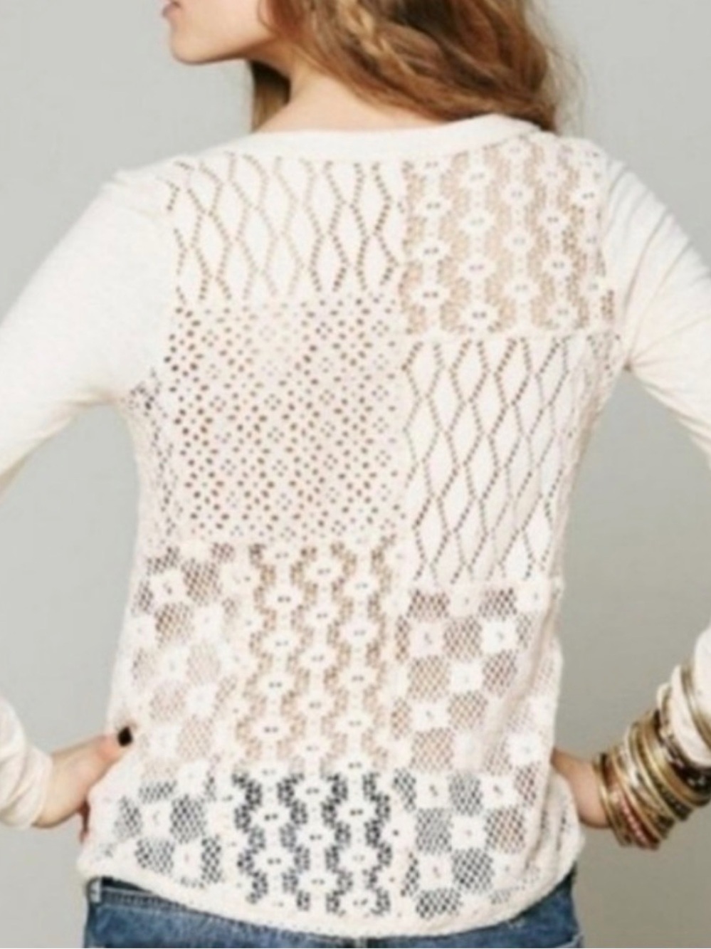 FREE People Open- Knit Patchwork Crewneck Sweater - Cream